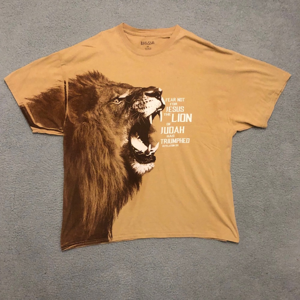 Kerusso Lion of Judah Jesus T Shirt Tan 2X Christian Graphic Streetwear AOP